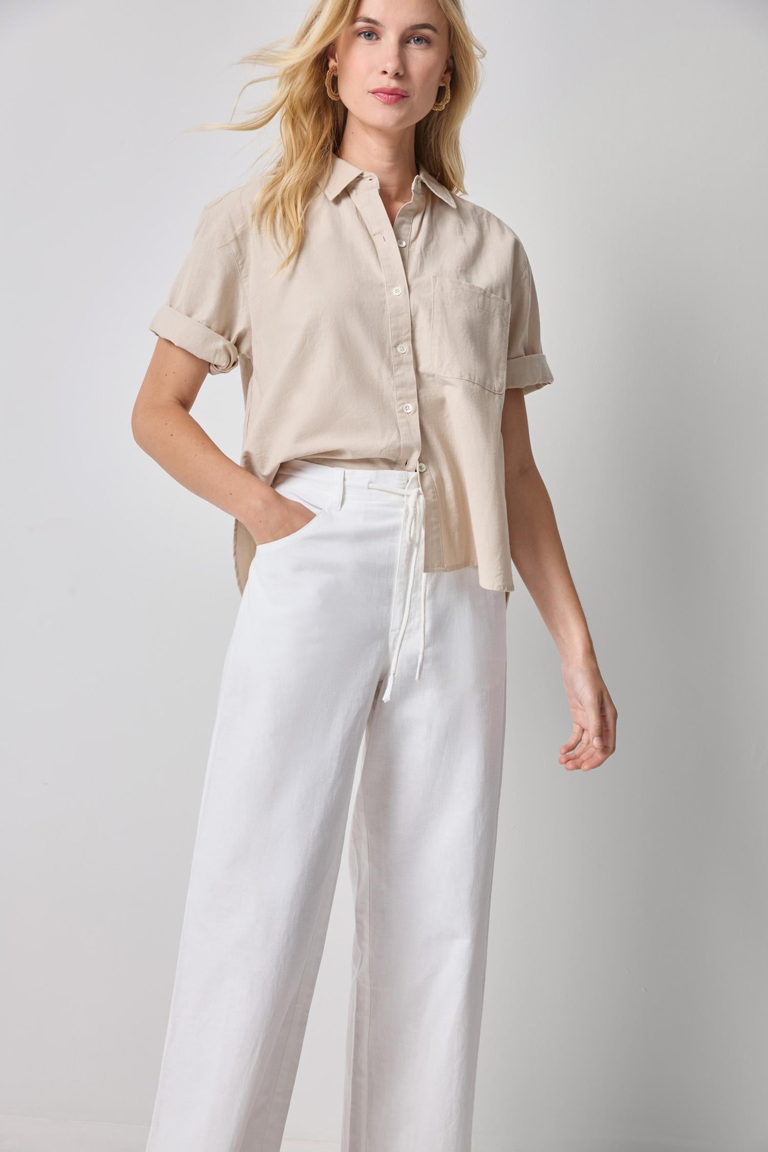 Linen Blend Boyfriend Button Down in beige with subtle slub texture by LILLA P, relaxed fit