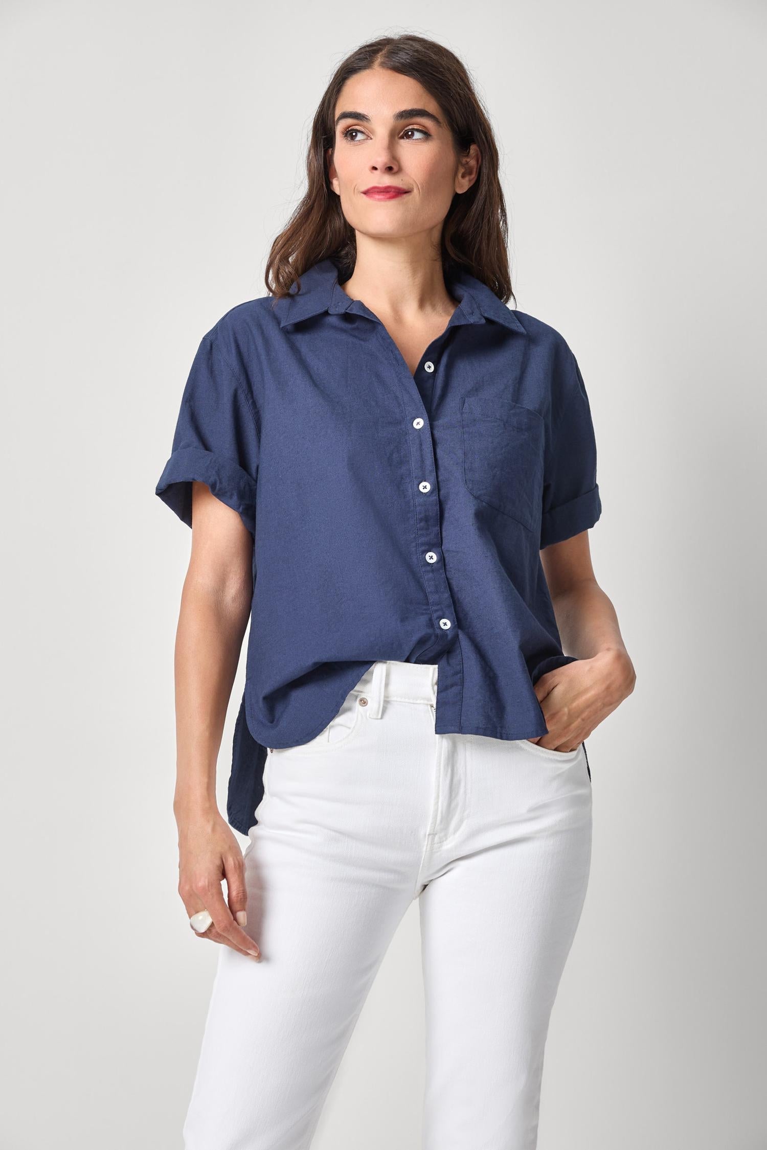 Linen Blend Boyfriend Button Down in navy with relaxed fit and subtle slub texture by LILLA P