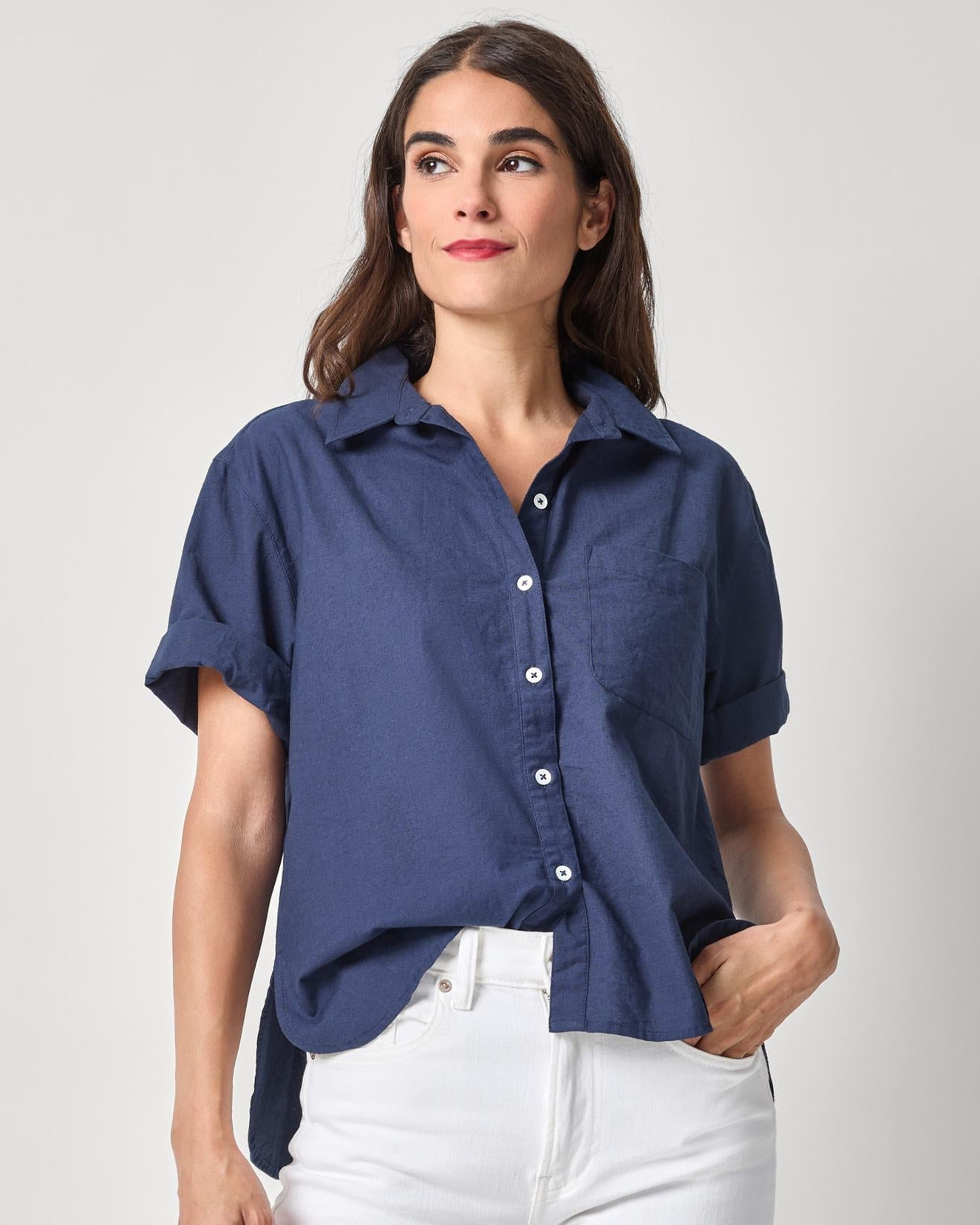 Linen Blend Boyfriend Button Down in navy with relaxed fit and subtle slub texture by LILLA P