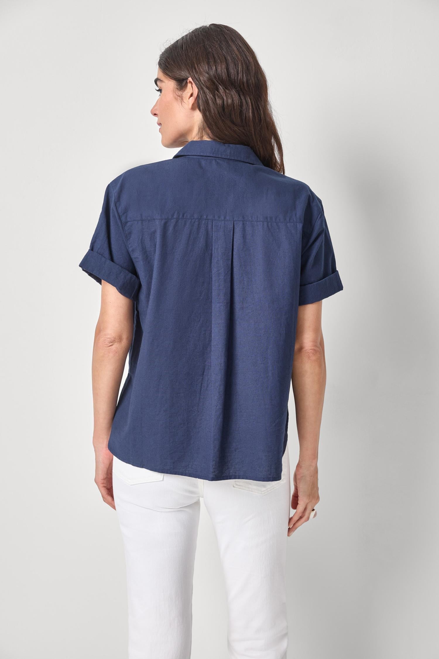 Linen Blend Boyfriend Button Down in navy with relaxed fit and subtle slub texture by LILLA P