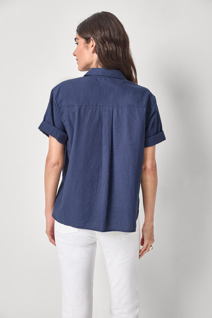 Linen Blend Boyfriend Button Down in navy with relaxed fit and subtle slub texture by LILLA P