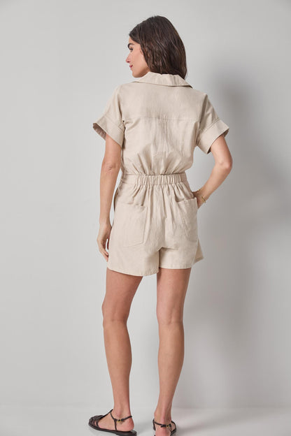 Linen Blend Romper in beige with elastic waist and short sleeves by LILLA P, HCO collection