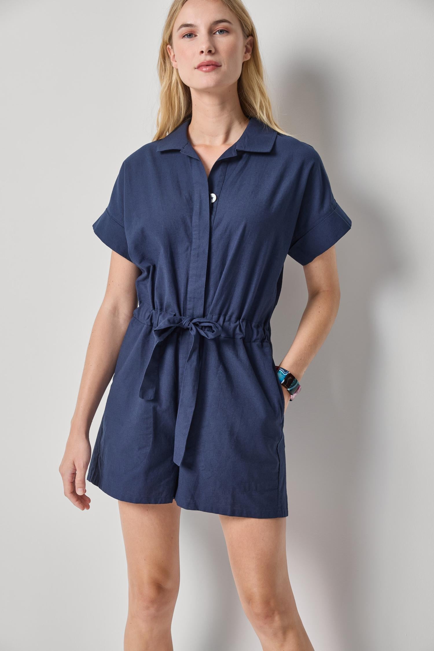Linen Blend Romper in navy with self-tie belt and short sleeves by LILLA P, HCO collection