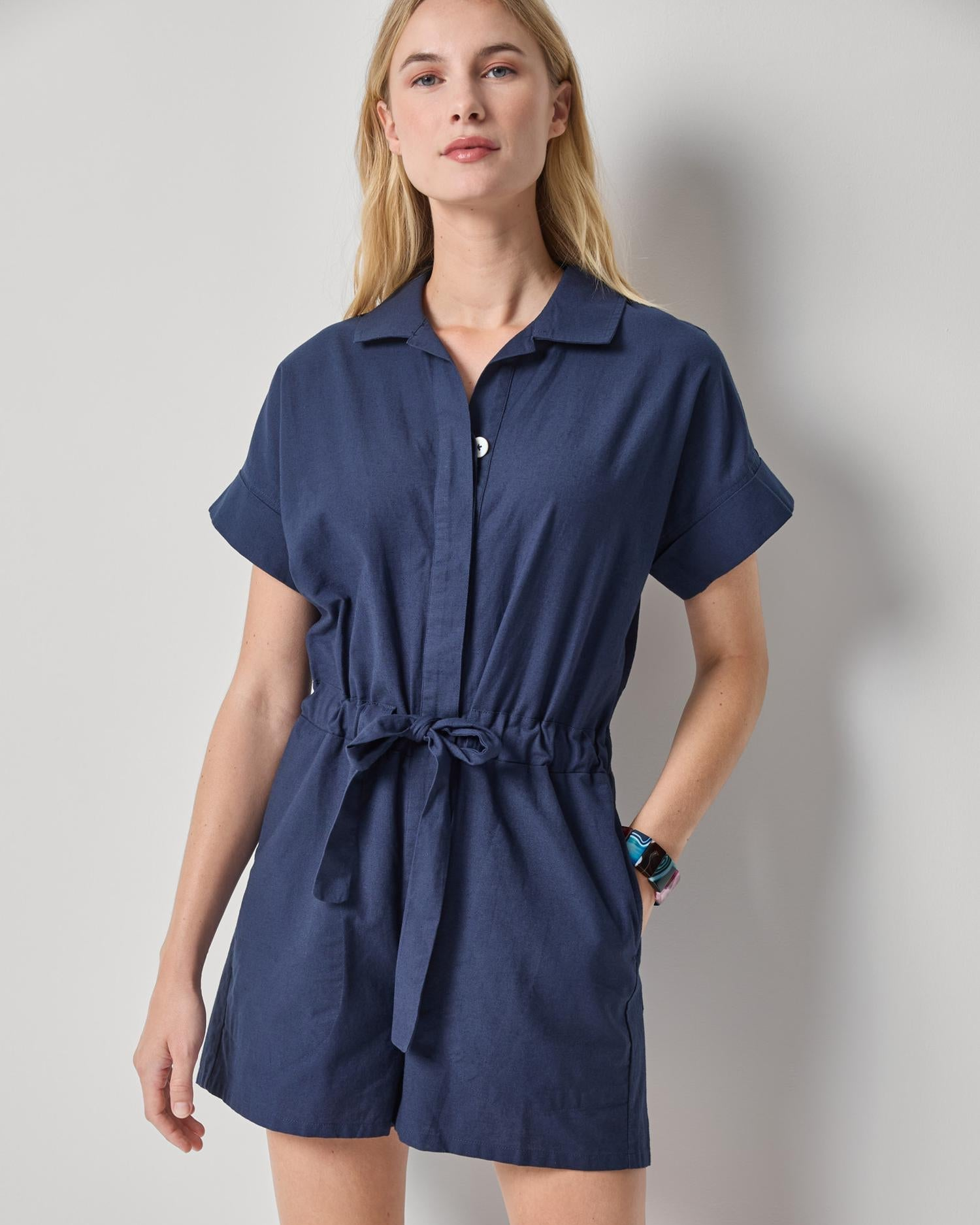 Linen Blend Romper in navy with self-tie belt and short sleeves by LILLA P, HCO collection