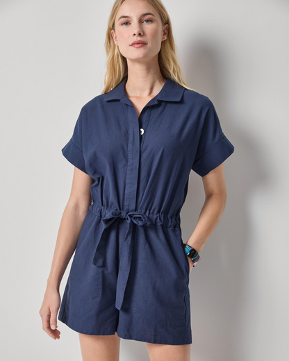 Linen Blend Romper in navy with self-tie belt and short sleeves by LILLA P, HCO collection