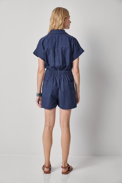 Linen Blend Romper in navy with short sleeves and gathered waist by LILLA P, HCO collection