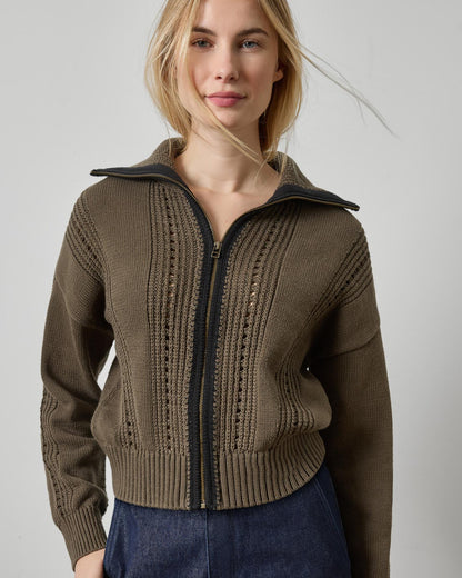 Contrast Collar Zip Cardigan