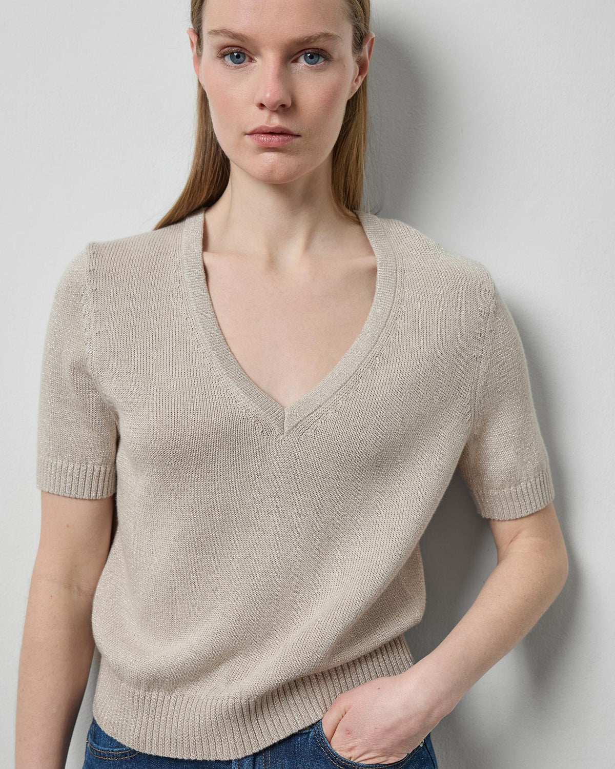 Short Sleeve V-Neck Sparkle Sweater