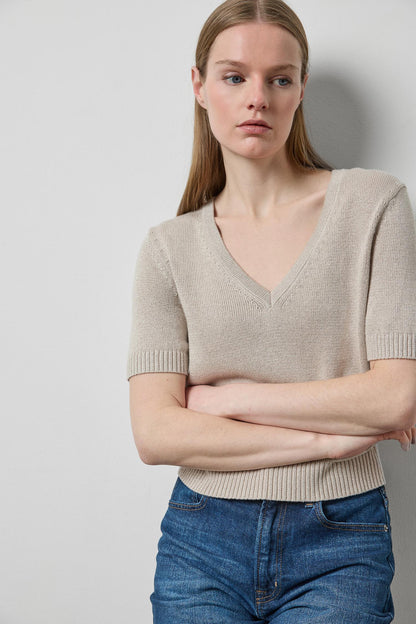 Short Sleeve V-Neck Sparkle Sweater