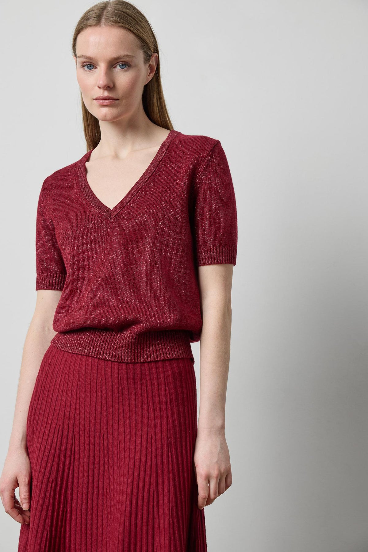 Short Sleeve V-Neck Sparkle Sweater