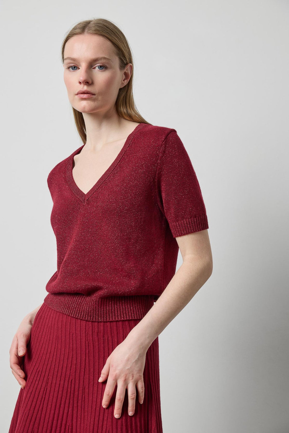 Short Sleeve V-Neck Sparkle Sweater