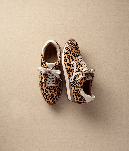 Queen - Camel Hairy Calf retro lace-up sneaker with leopard animal pattern and two-tone rubber sole