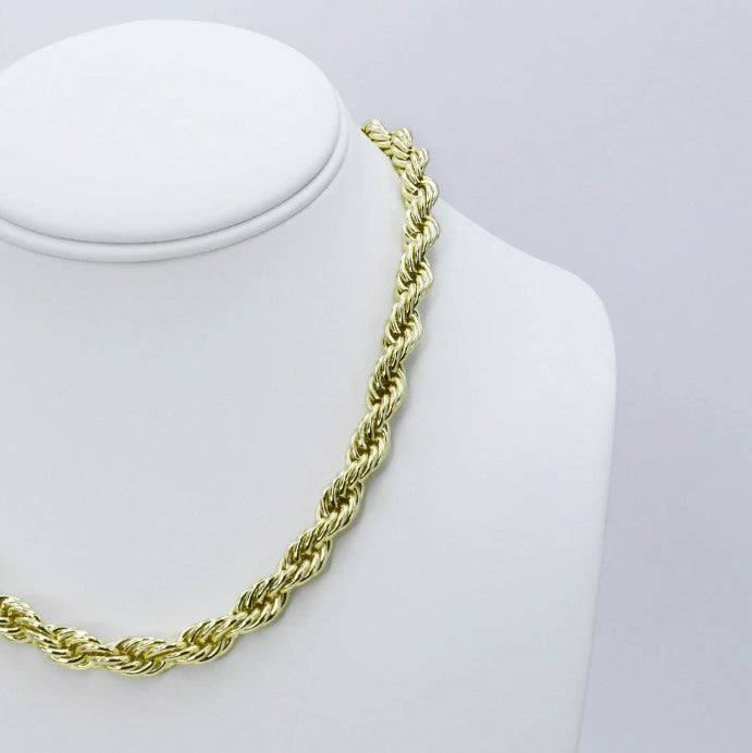 Gold chunky rope chain necklace, side view on a mannequin bust