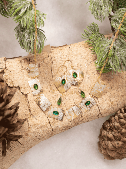 Estelle necklace and earrings with green crystal beads and pinecone art by HOLLY YASHI, Women's Jewelry HCO