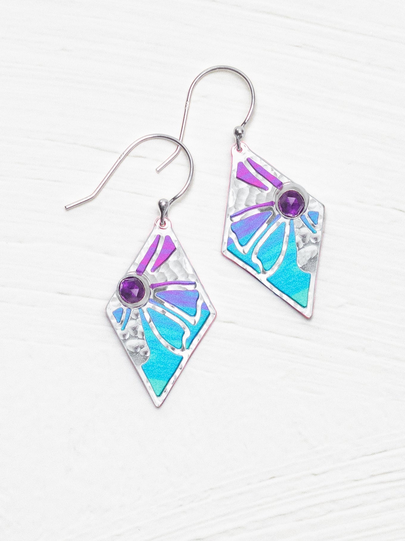 Drew Earring with hammered silver, purple and blue enamel, accented with purple stones, Women's Jewelry HCO