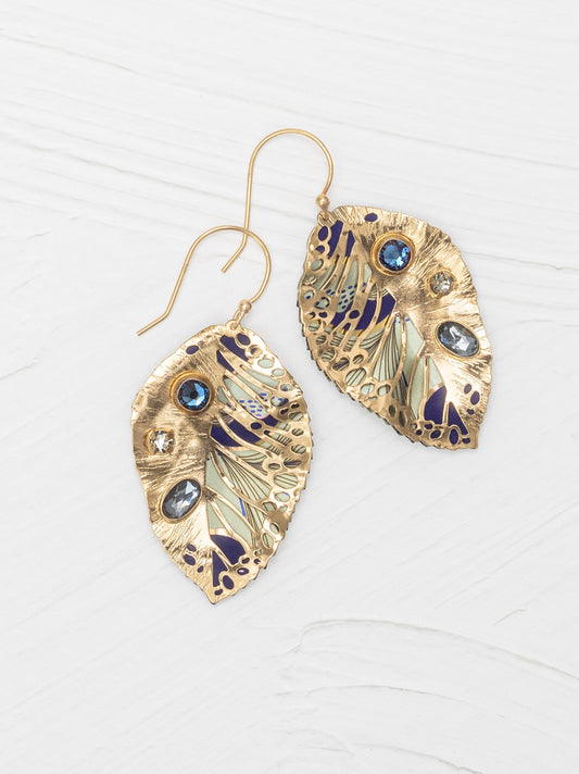 Indigo Perennial Elm earrings: gold leaf drop with blue and clear stones