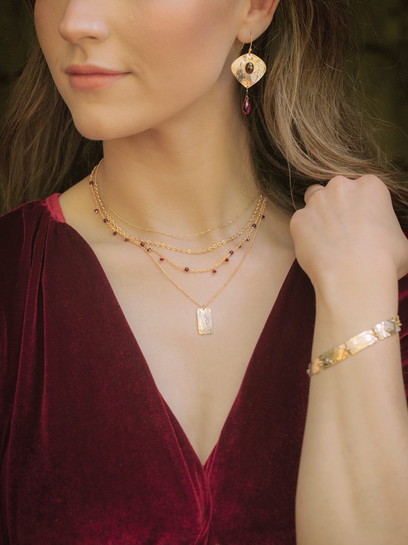 Estelle gold-tone earrings with red crystal beads and layered necklaces by HOLLY YASHI, Women's Jewelry HCO