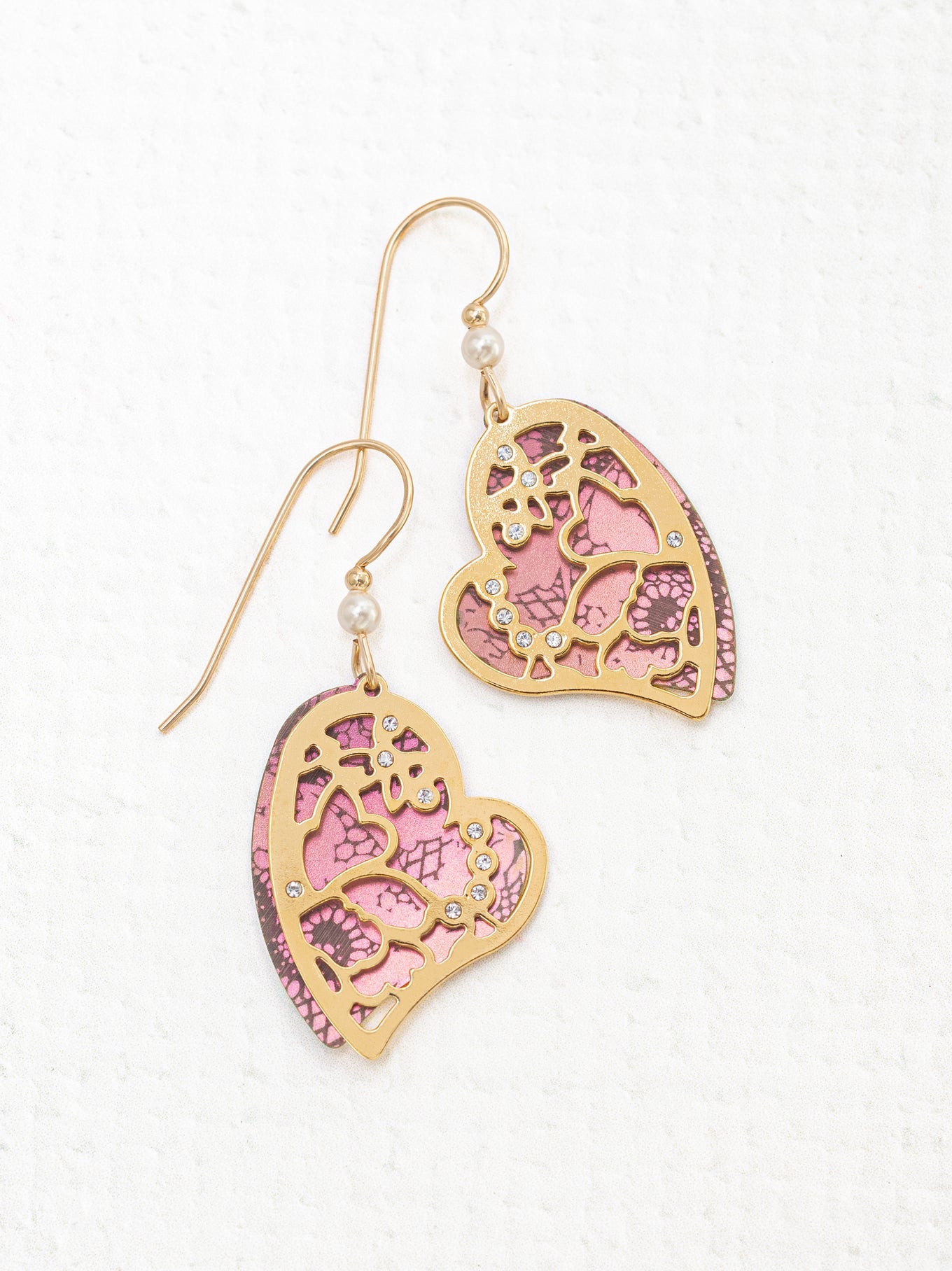 Valena Earring with gold filigree and pink lace background by HOLLY YASHI, Women's Jewelry HCO
