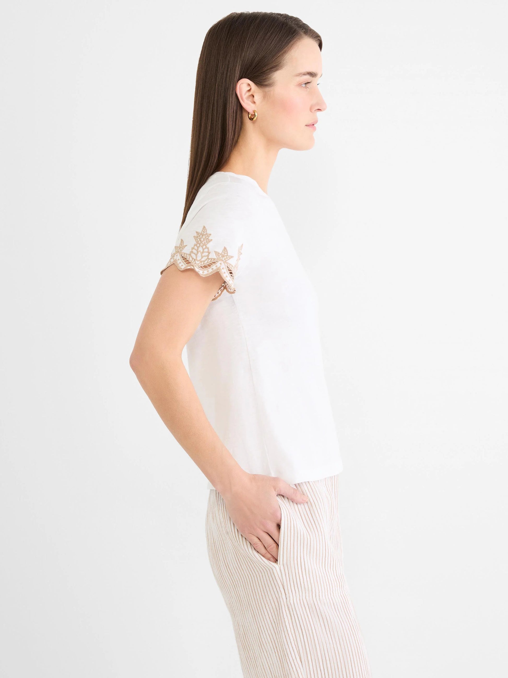 Deco Sleeve Cotton Slub Tee with tan eyelet embroidered sleeves, NIC AND ZOE, Women's shirts collection