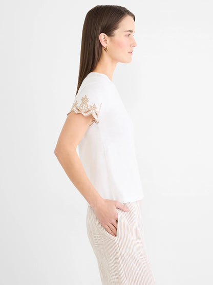 Deco Sleeve Cotton Slub Tee with tan eyelet embroidered sleeves, NIC AND ZOE, Women's shirts collection