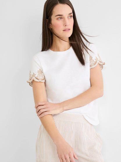 Deco Sleeve Cotton Slub Tee in white with tan eyelet embroidered sleeves, NIC AND ZOE styles