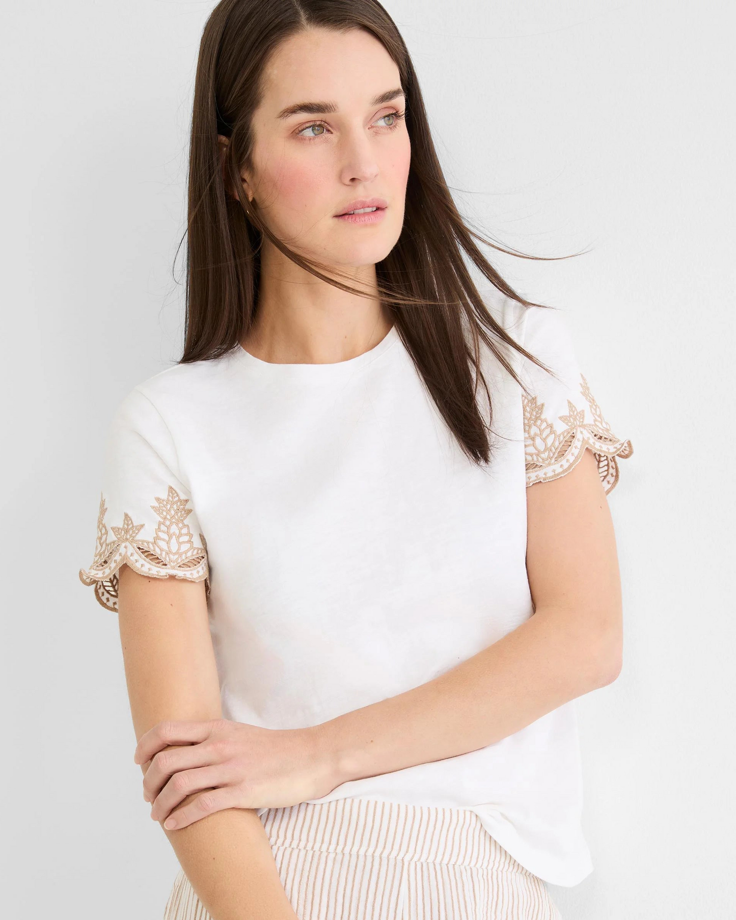 Deco Sleeve Cotton Slub Tee in white with embroidered tan eyelet sleeves by NIC AND ZOE