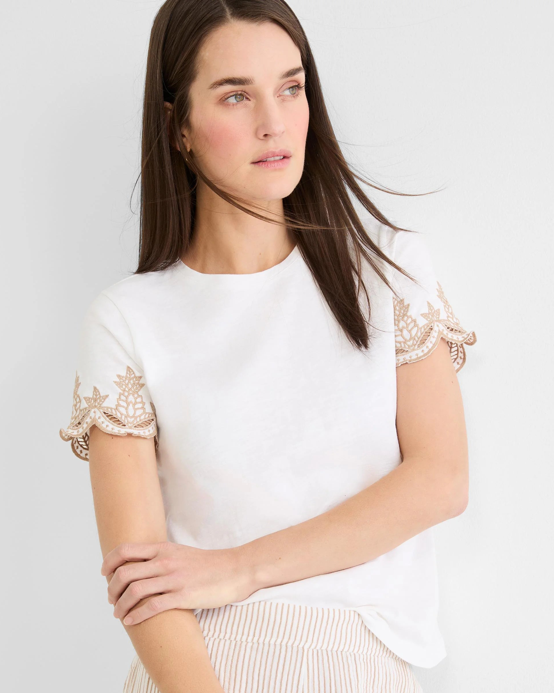 Deco Sleeve Cotton Slub Tee in white with embroidered tan eyelet sleeves by NIC AND ZOE