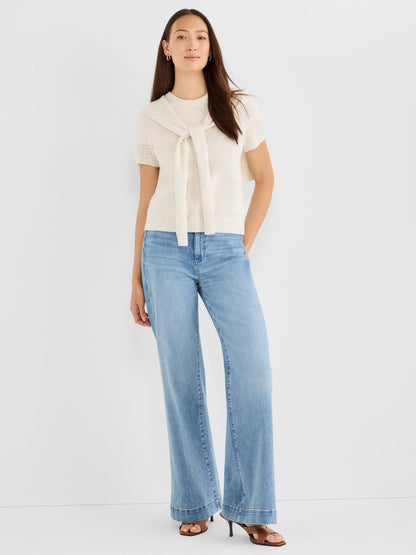 Piazza Over The Shoulder Sweater in beige and white knit styled with blue jeans by NIC AND ZOE