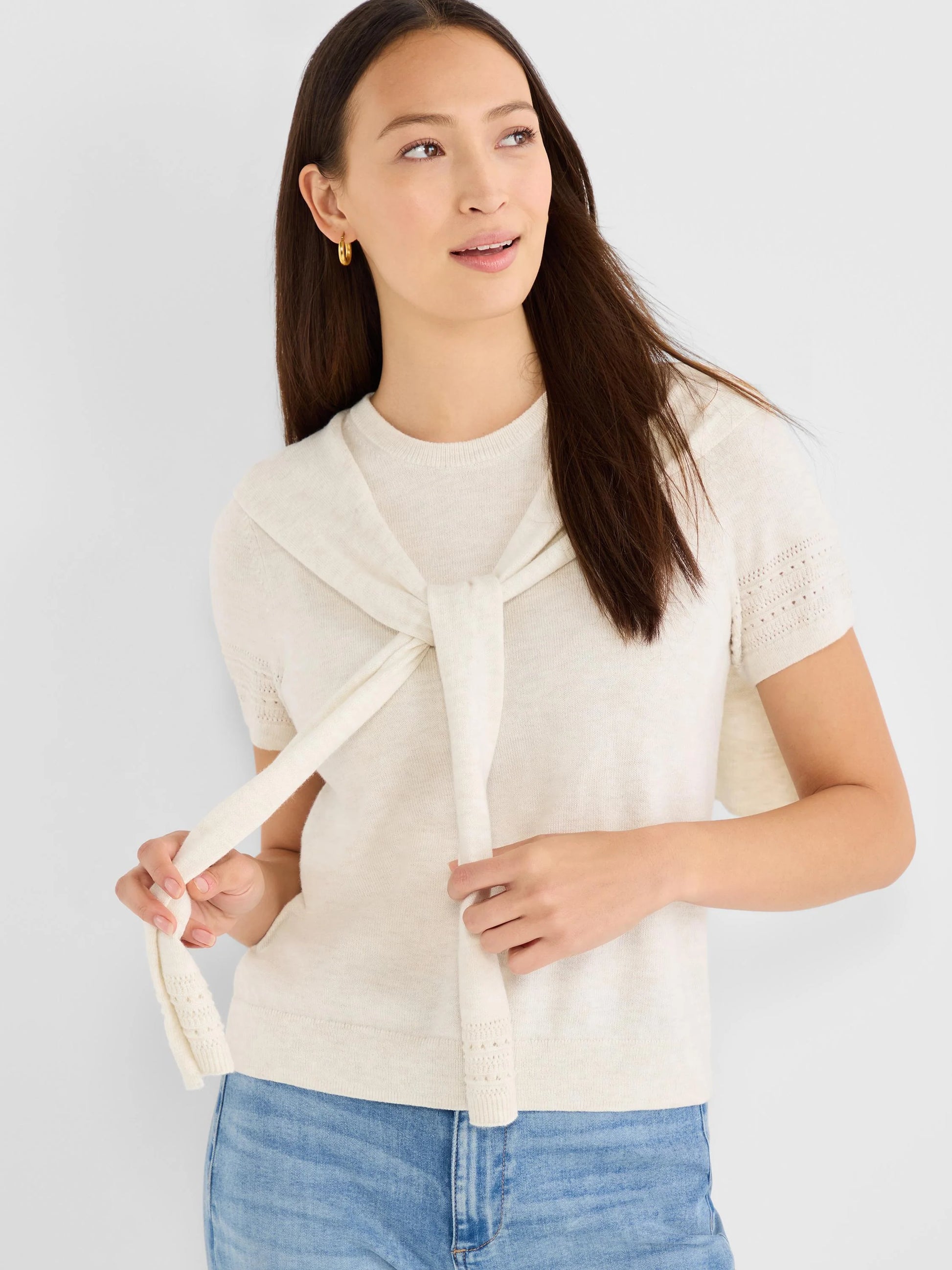 Piazza Over The Shoulder Sweater in beige and white knit, from NIC AND ZOE Women's Sweaters collection