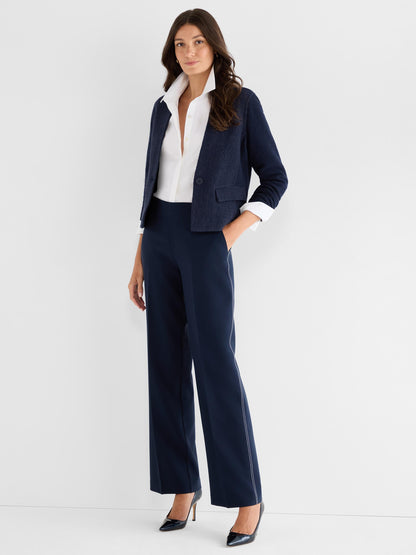 Pintuck Stretch Cotton Shirt in white with tailored waist, styled with navy blazer and pants