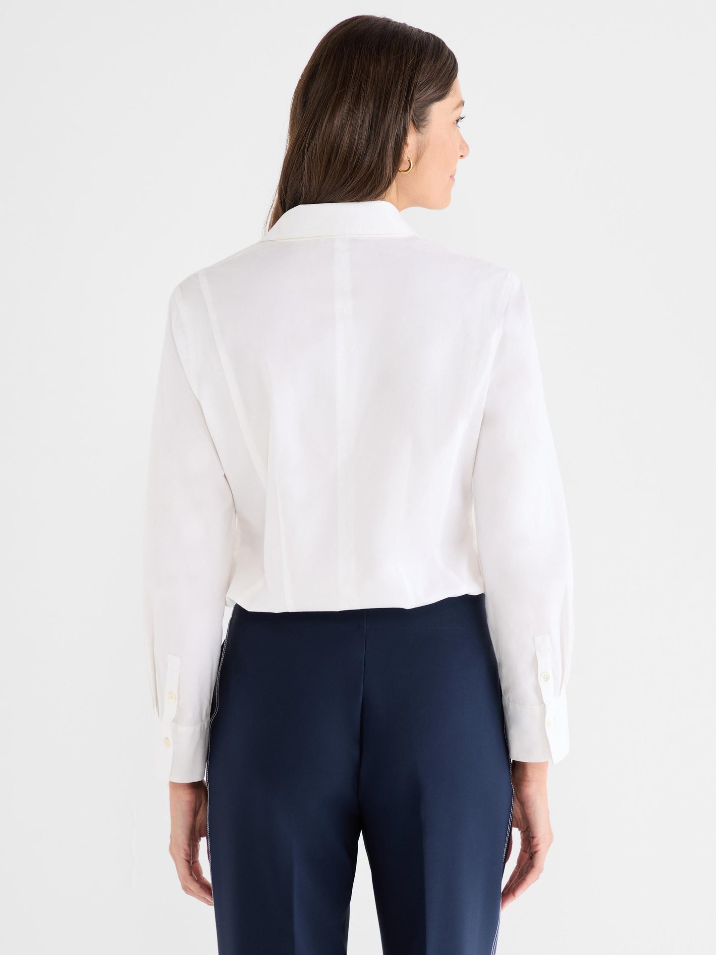Pintuck Stretch Cotton Shirt in white back view with tailored waist, NIC AND ZOE, women's long sleeve shirts