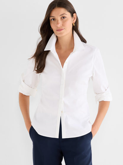 Pintuck Stretch Cotton Shirt in white with tailored fit and rolled sleeves by NIC AND ZOE