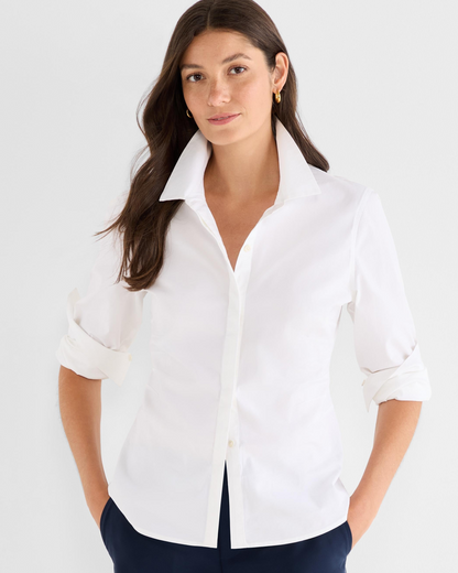 Pintuck Stretch Cotton Shirt in white with tailored fit and rolled sleeves, NIC AND ZOE, Women's shirts