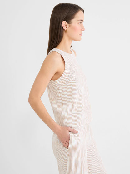 Pinstripe Gauze Pop On Tank in beige stripes with relaxed fit, NIC AND ZOE, Women's Short Sleeve Shirts