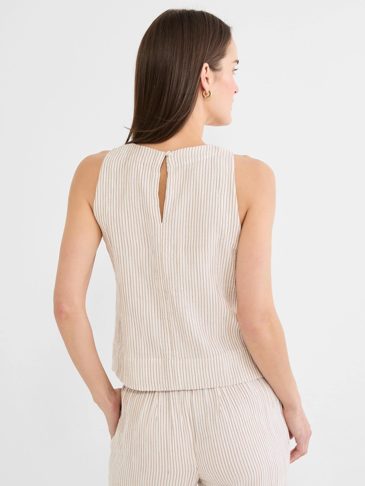 Pinstripe Gauze Pop On Tank in soft beige stripes with keyhole back, NIC AND ZOE, Women's shirts