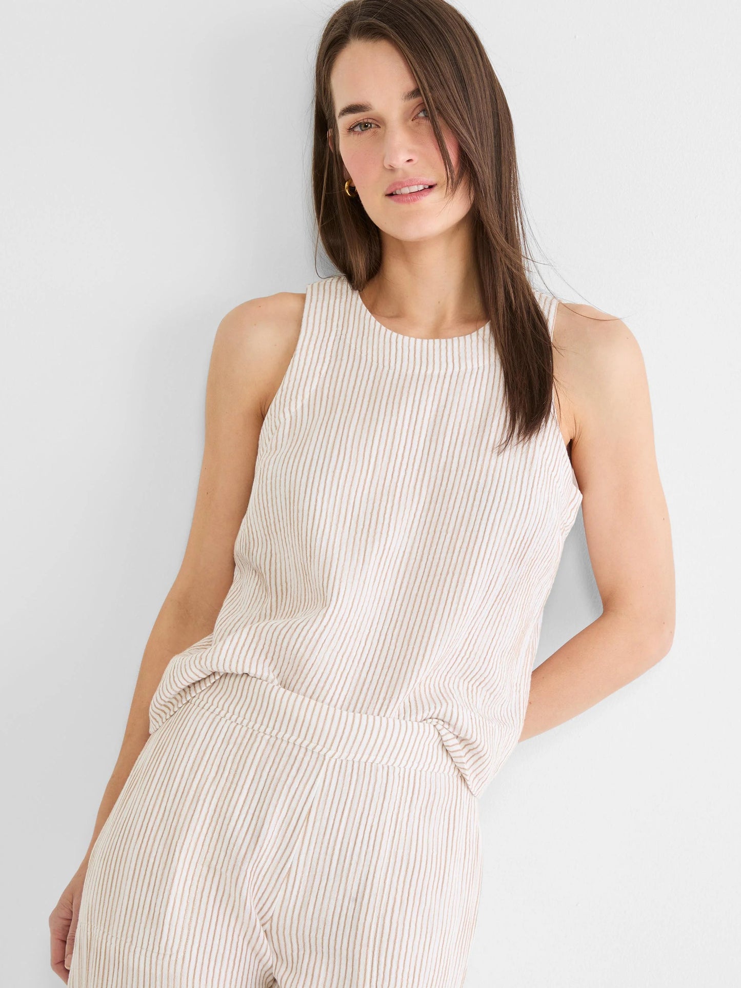 Pinstripe Gauze Pop On Tank in beige stripes with relaxed fit, NIC AND ZOE, women's short sleeve shirts