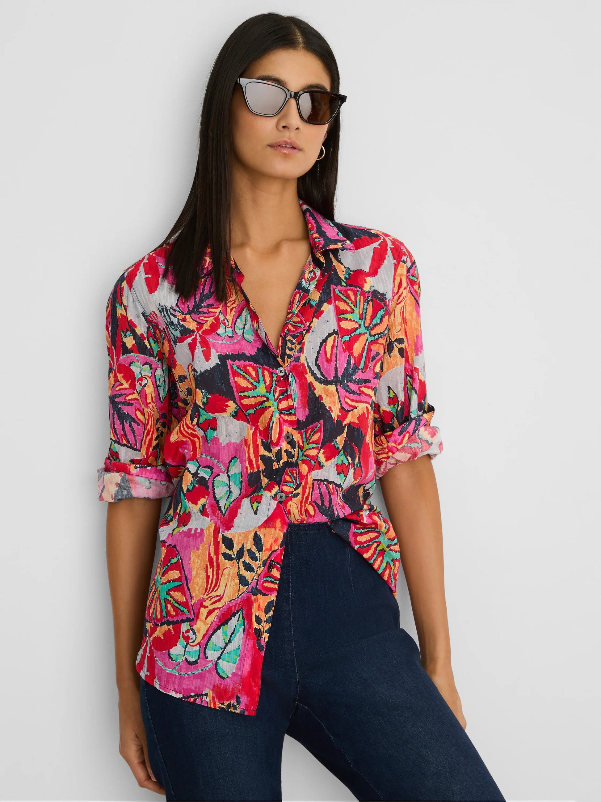 Kauai Garden Cotton Crinkle Shirt in vibrant floral stretch cotton by NIC AND ZOE, women's long sleeve