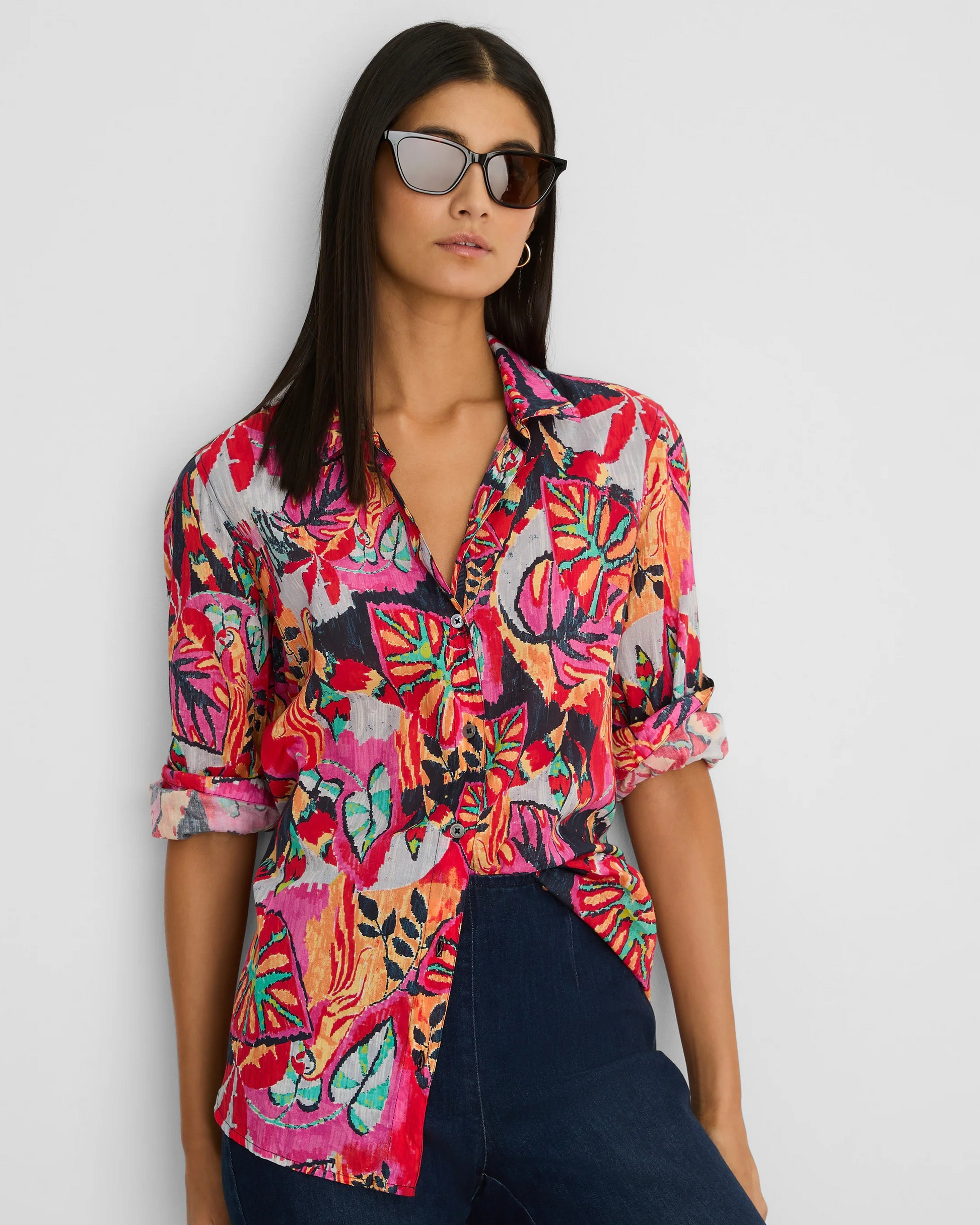 Kauai Garden Cotton Crinkle Shirt in floral print, stretch cotton lawn, NIC AND ZOE women's long sleeves