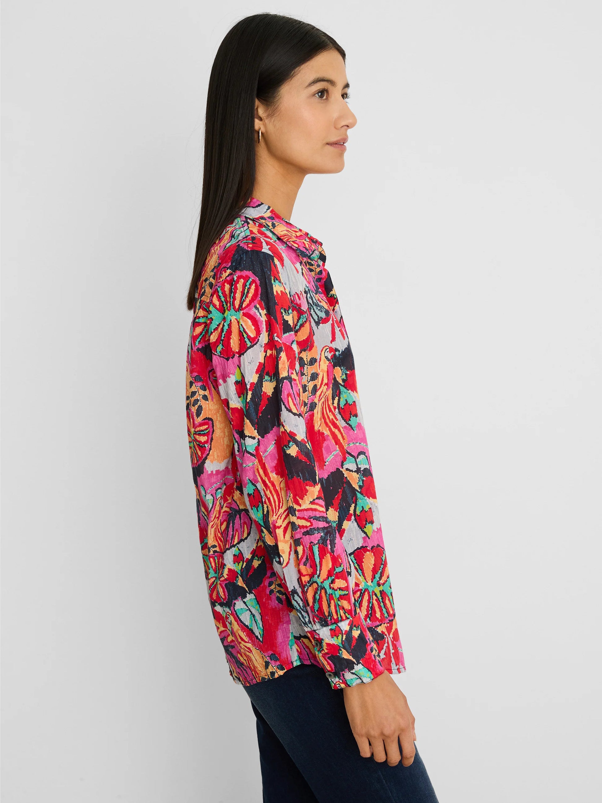 Kauai Garden Cotton Crinkle Shirt in vibrant floral stretch cotton by NIC AND ZOE, women's long sleeve