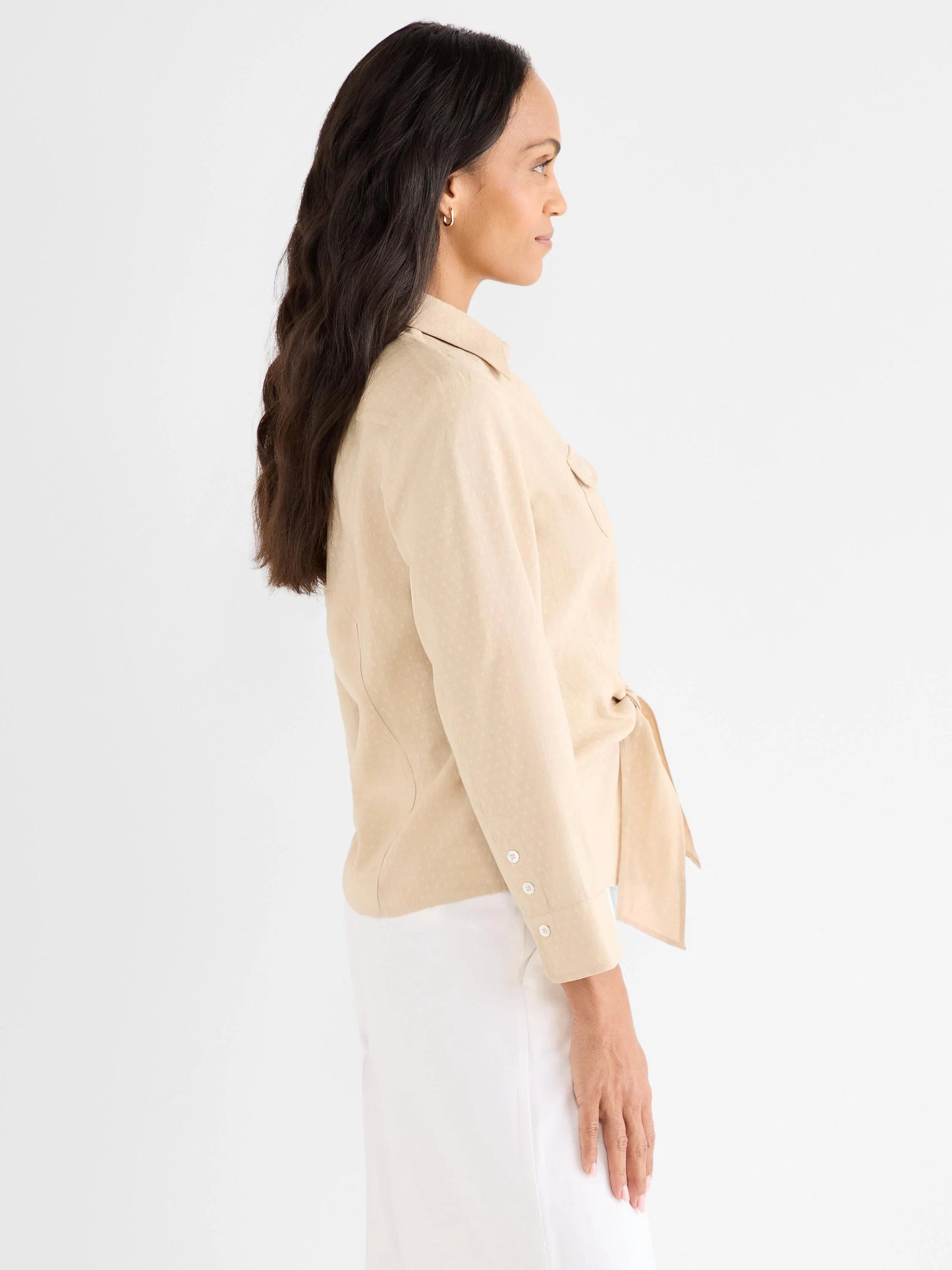 Iconic Tie Front Shirt in beige with chest pockets and adjustable sleeves by NIC AND ZOE