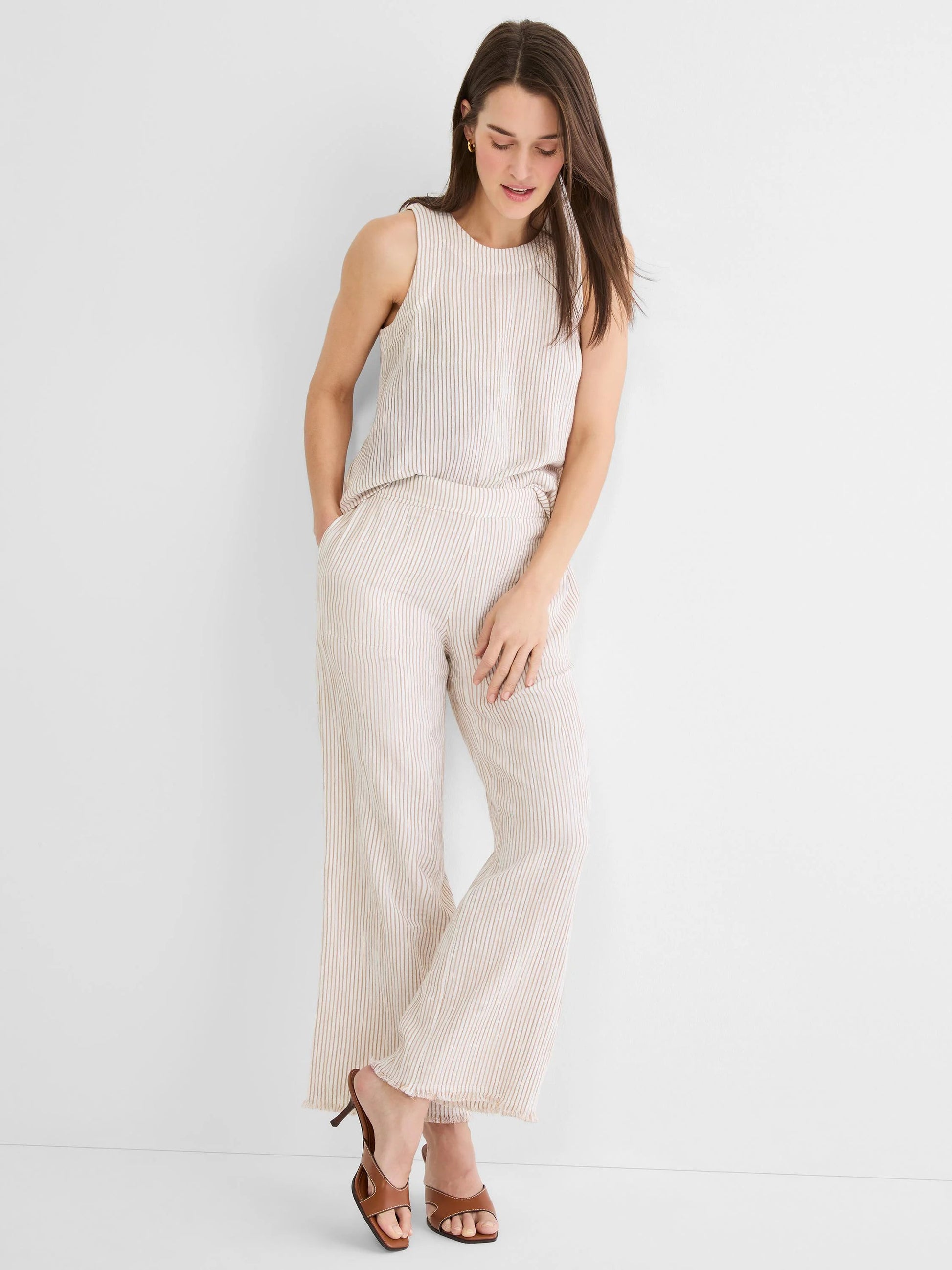 28" Pinstripe Gauze Wide Leg Pant styled with sleeveless top, NIC AND ZOE women's pants