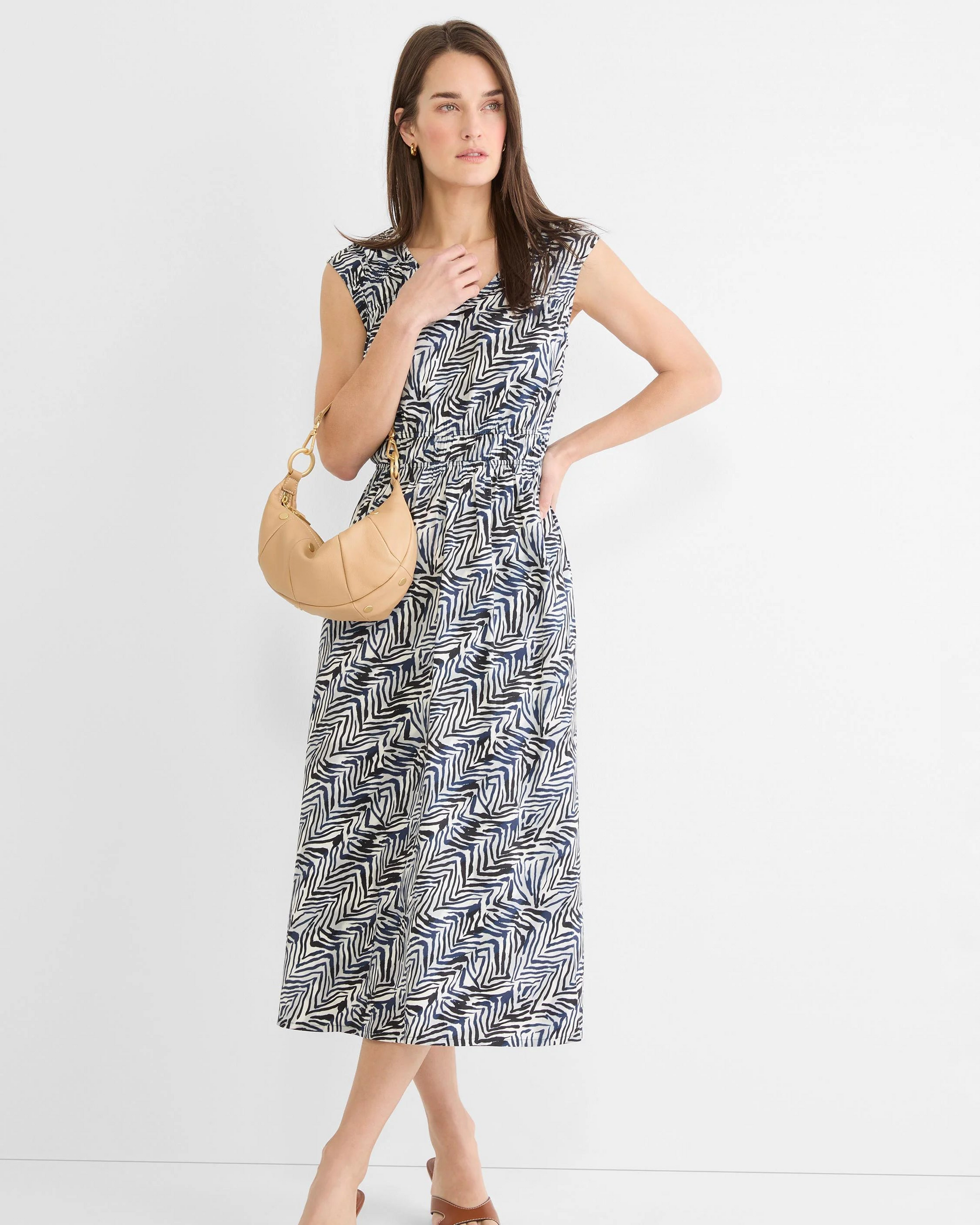 Inked Lines Dierdre Dress in black and blue abstract pattern, stretch waist by NIC AND ZOE