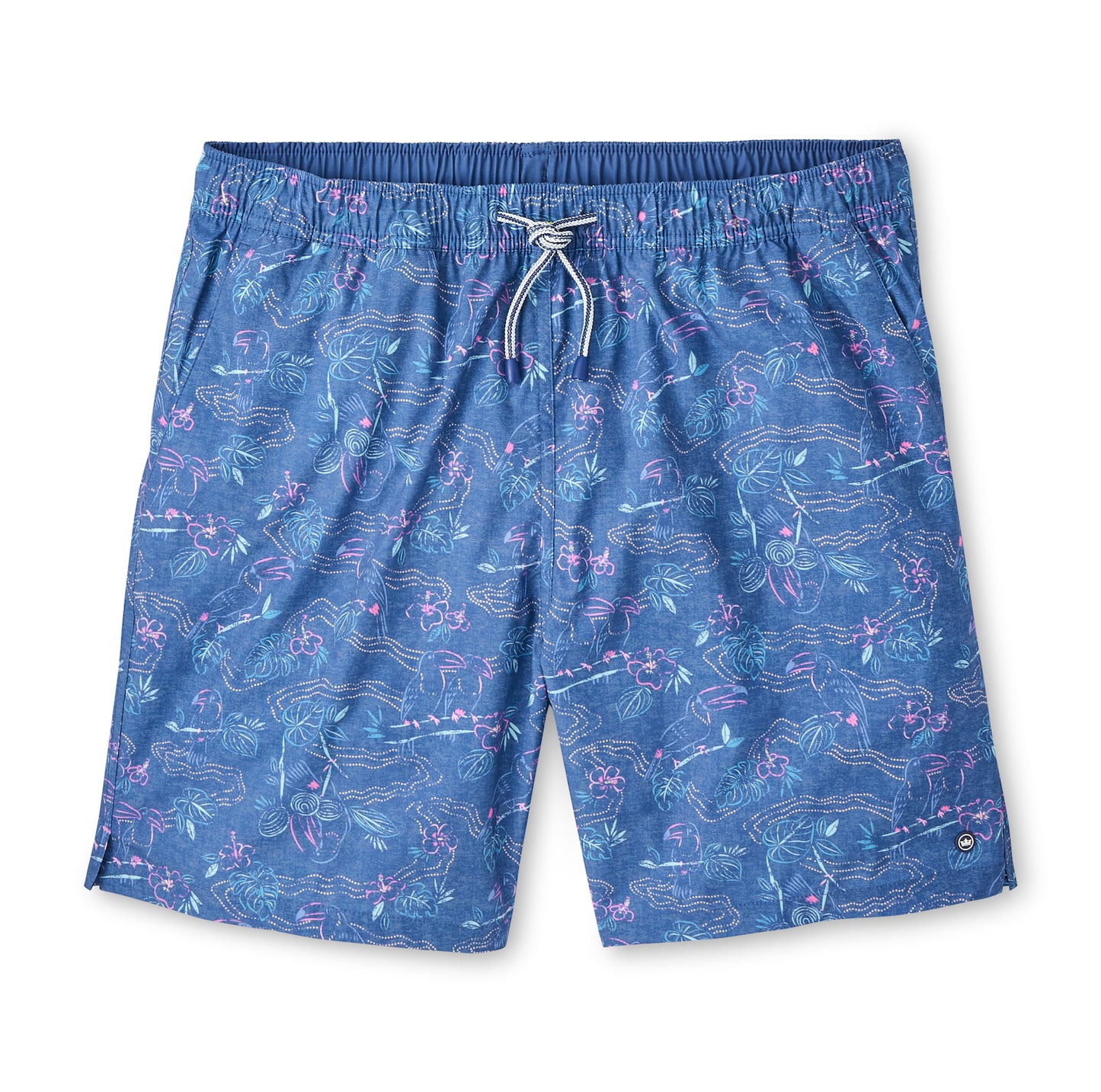 Rainforest Swim Trunk in blue multicolor floral and geometric print with quick-dry stretch fabric
