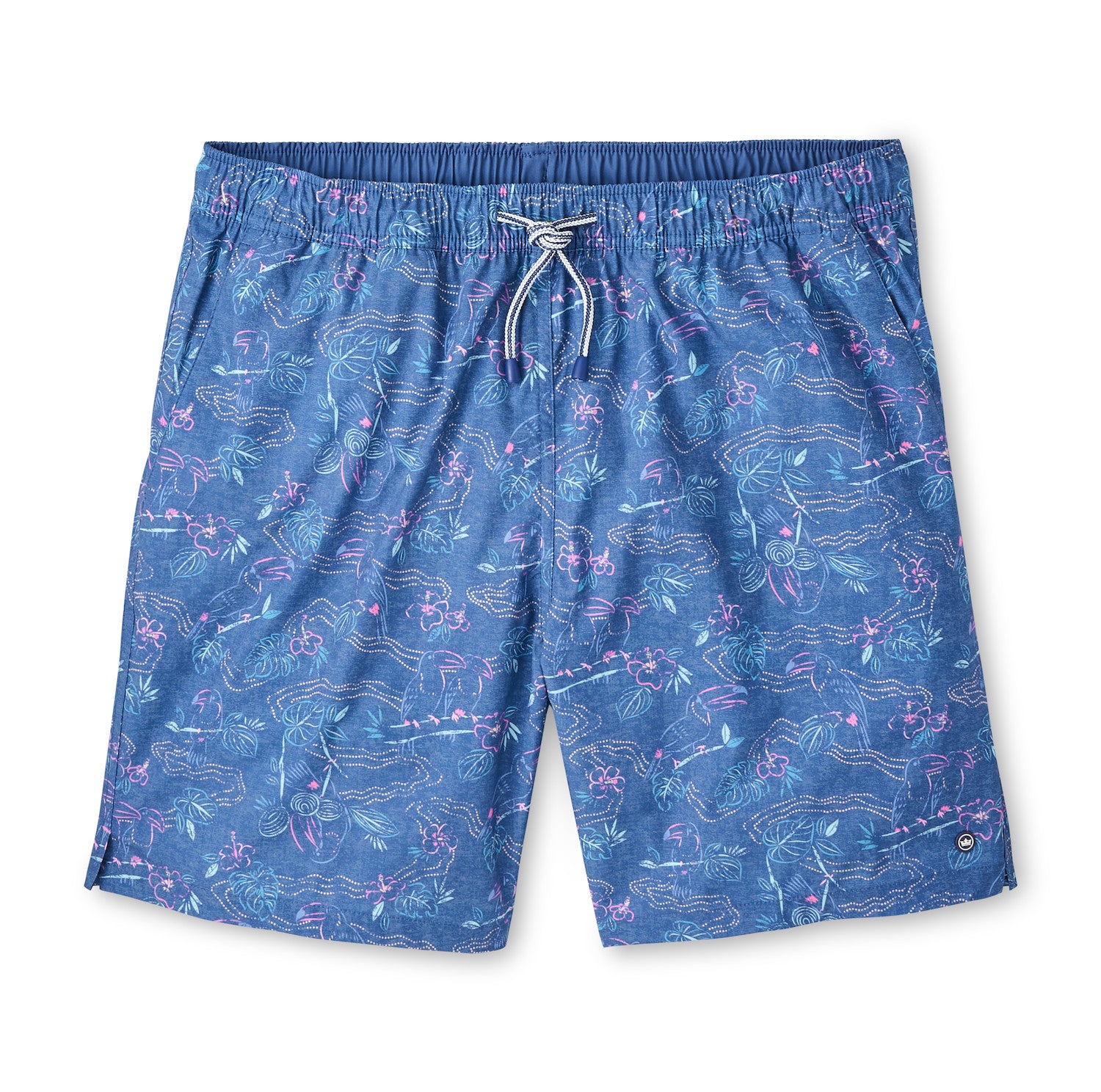 Rainforest Swim Trunk in blue multicolor floral and geometric print with quick-dry stretch fabric