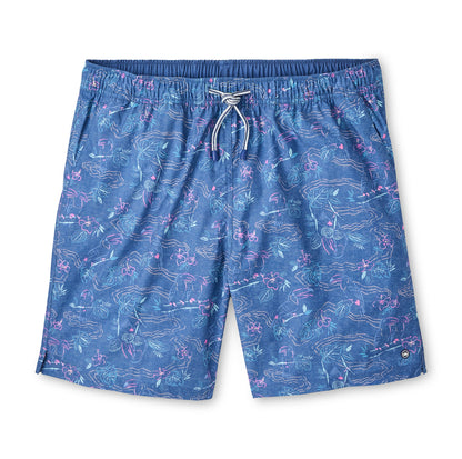 Rainforest Swim Trunk in blue multicolor floral and geometric print with quick-dry stretch fabric