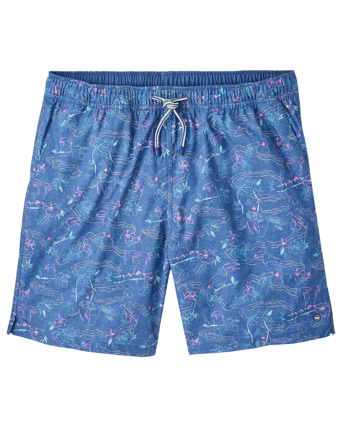 Rainforest Swim Trunk in blue multicolor animal and floral print with quick-dry stretch fabric