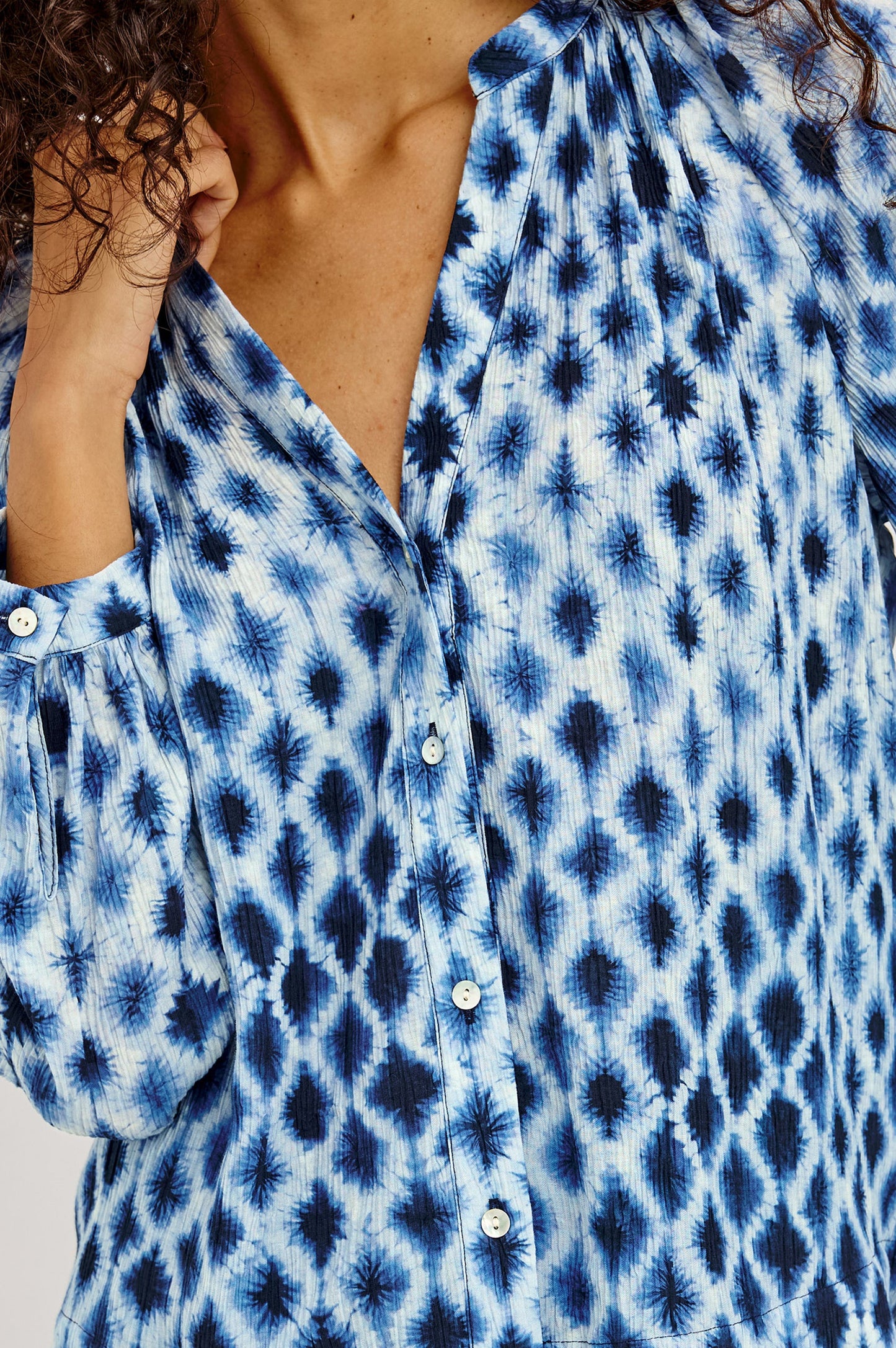 Saint - Sapphire Shibori blue floral and dots pattern shirt with raglan sleeves by RAILS