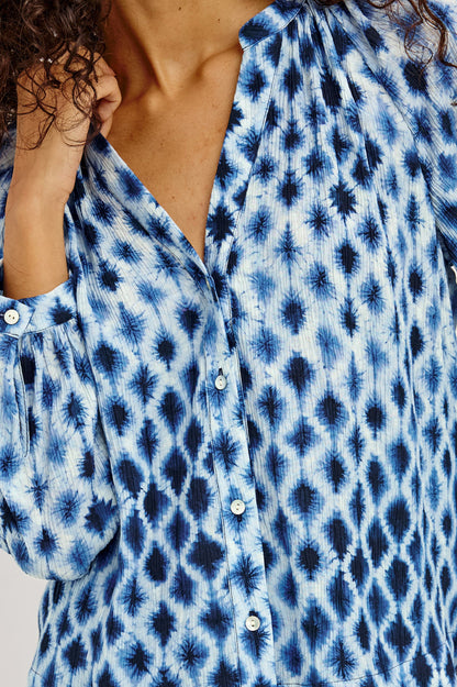 Saint - Sapphire Shibori blue floral and dots pattern shirt with raglan sleeves by RAILS