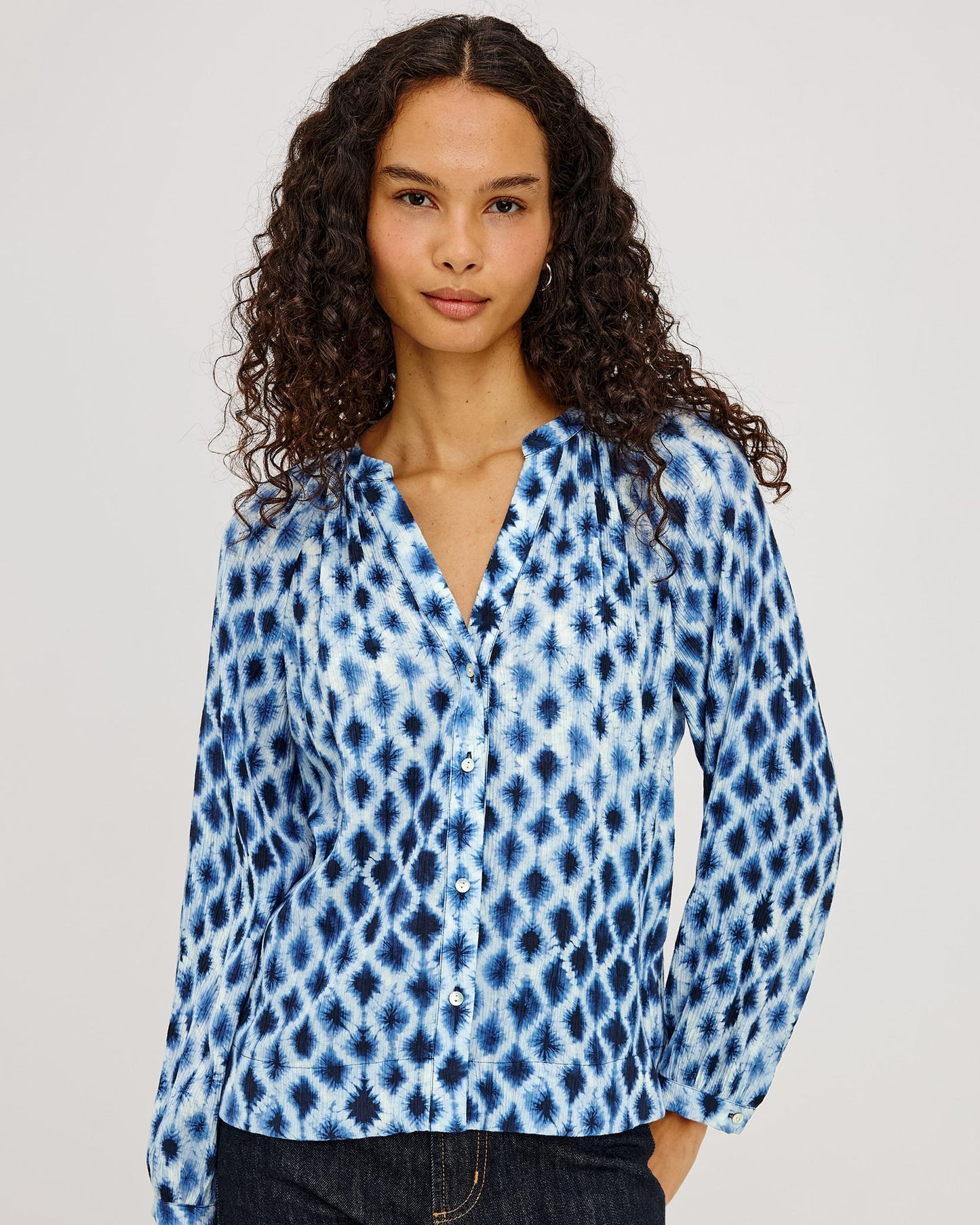 Saint - Sapphire Shibori by RAILS, blue floral dot pattern blouse from Women's Long Sleeve Shirts