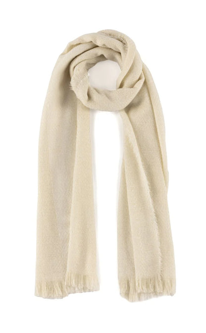 Belle Scarf in soft beige with subtle lurex thread and raw tufted hem, artisan from SHIRALEAH